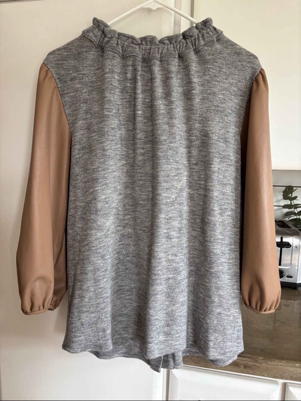 Gray Knit Tunic with Tan Faux-Leather Sleeves